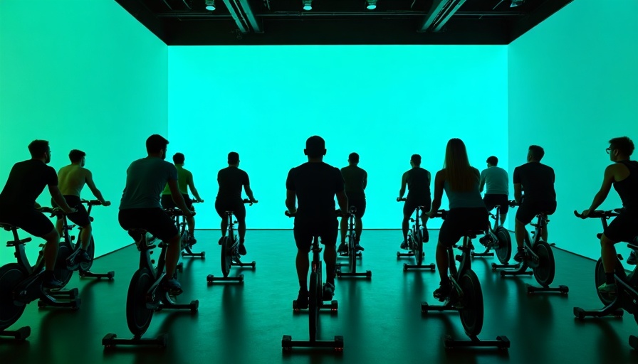 Clase de spinning con iluminación cyan inmersiva